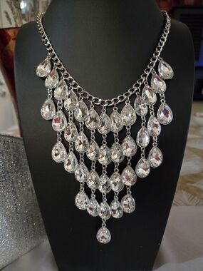 Silver Crystal Teardrop Statement Necklace - Unbranded